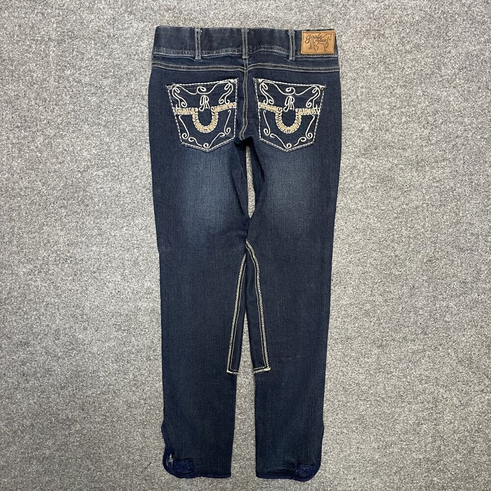 Goode Rider Ladies Stretch Denim Knee Patch Breeches Embroidered Back Pockets - Picture 4 of 9